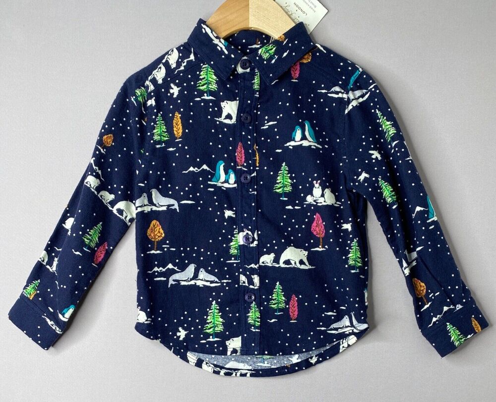 NWT Rachel Riley Navy Flannel Polar Bear Winter Print Buttonup Shirt Boys 3 Yrs